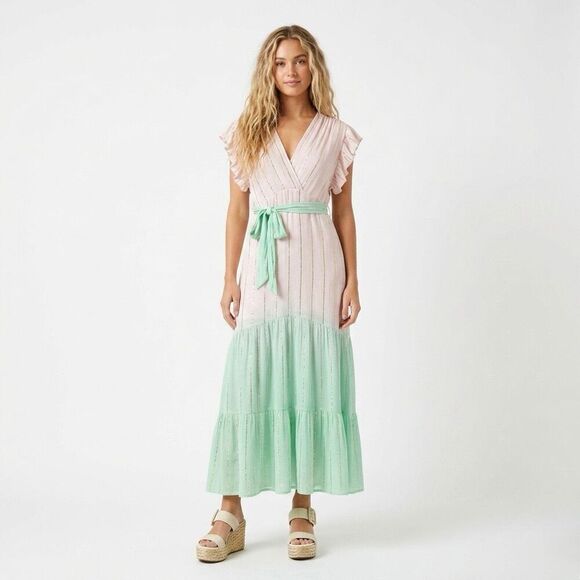Zury Dresses & Skirts - Zury Pastel Pink Mint Green Gold Metallic Stripe Wrap Ruffle Boho Maxi Dress OS